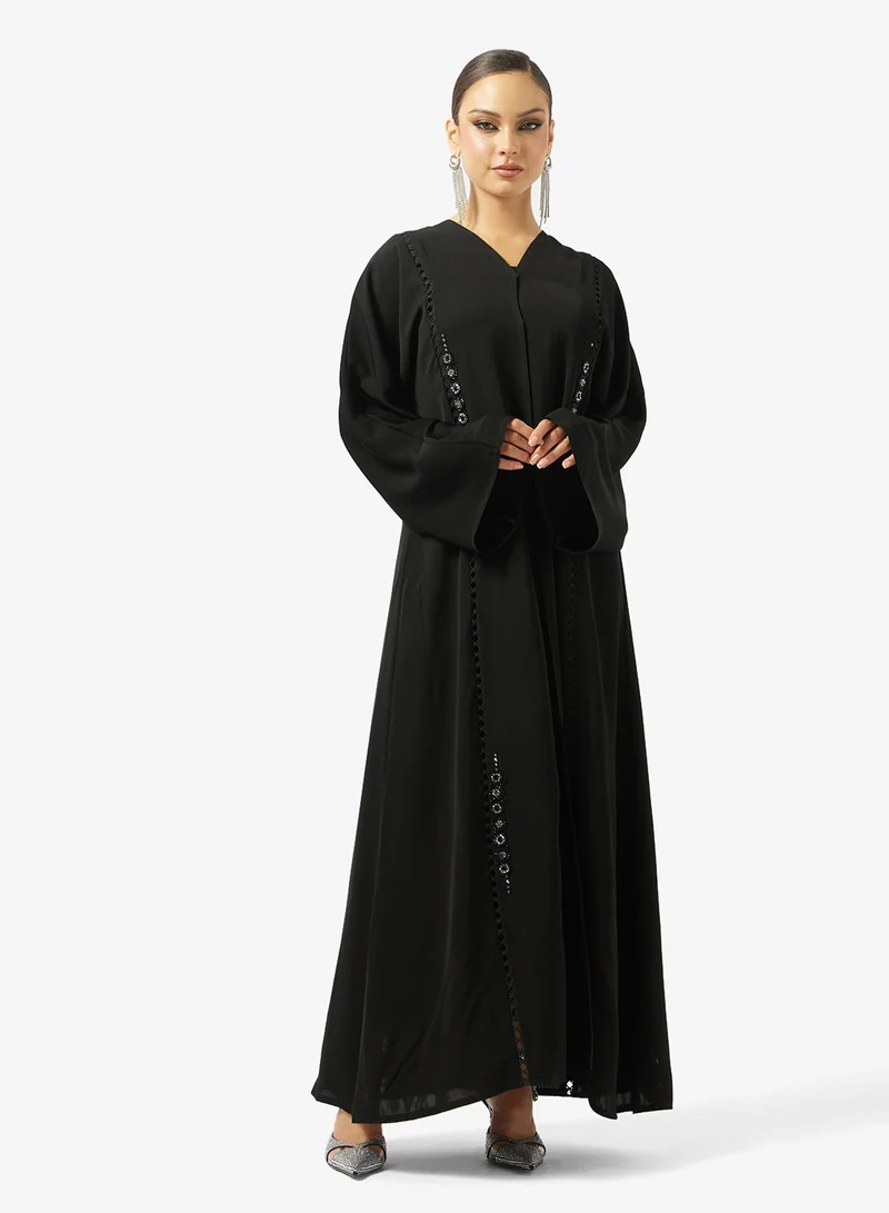 hayas closet  Black Lace Detail Abaya With Sheila for Women | Best Price UAE
